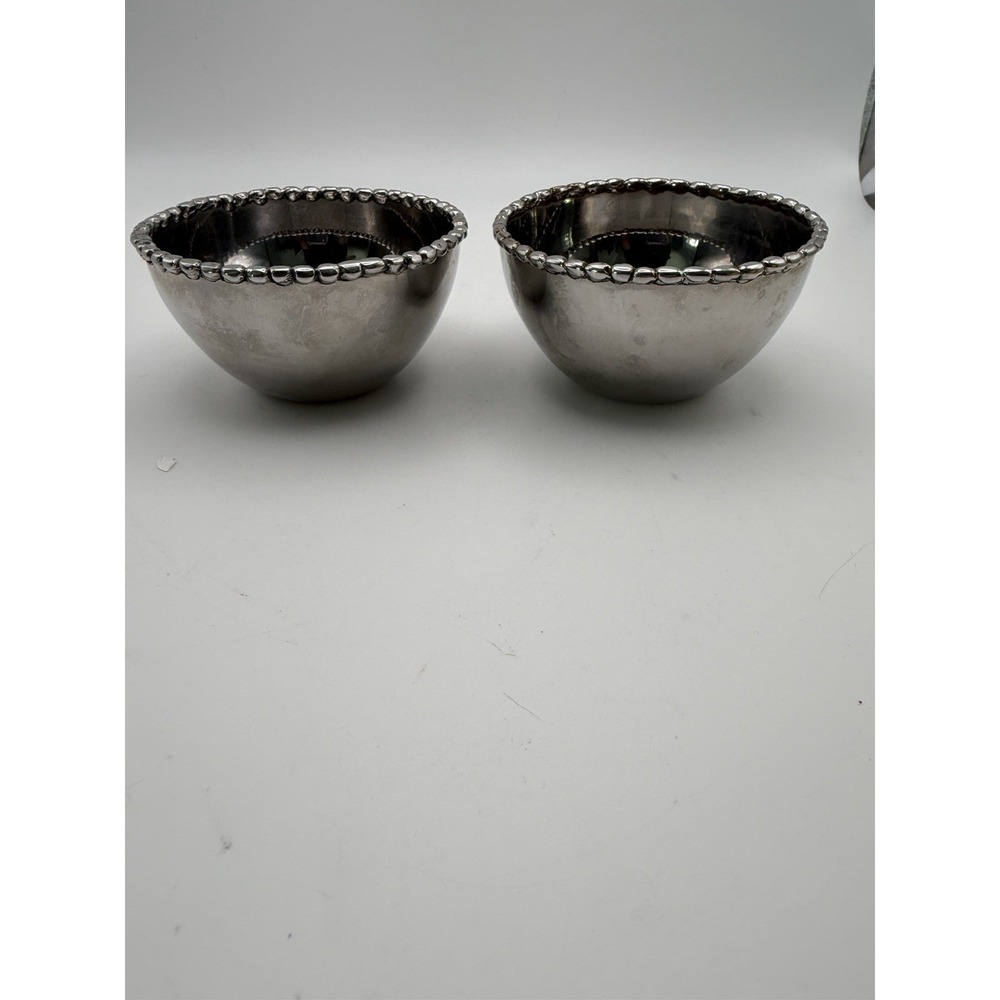 Pair Michael Aram Molten Nut Bowls Beaded Rim Signed Silver Metal 3.25"